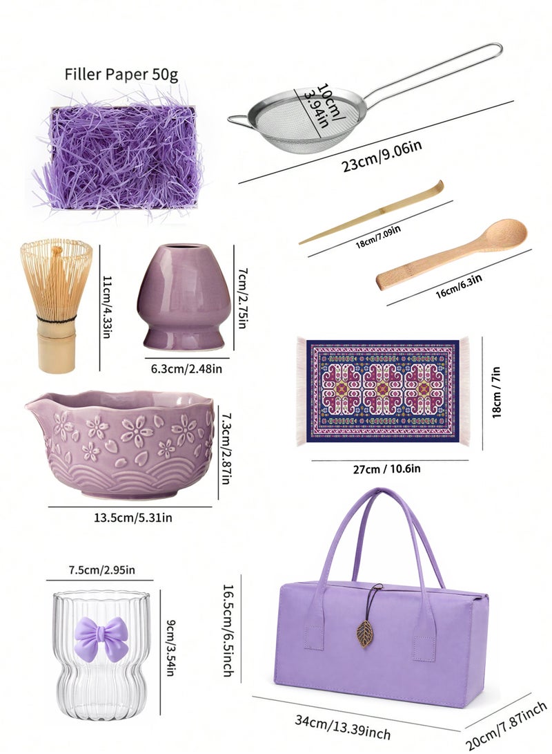 دائرة مربعة طقم ماتشا ياباني فاخر 8 قطع مع علبة هدايا بنفسجية – وعاء سيراميك، خفاقة خيزران، ملعقة، منخل، كوب زجاجي وحقيبة – طقم شاي ماتشا تقليدي مثالي للهدايا - Image 3